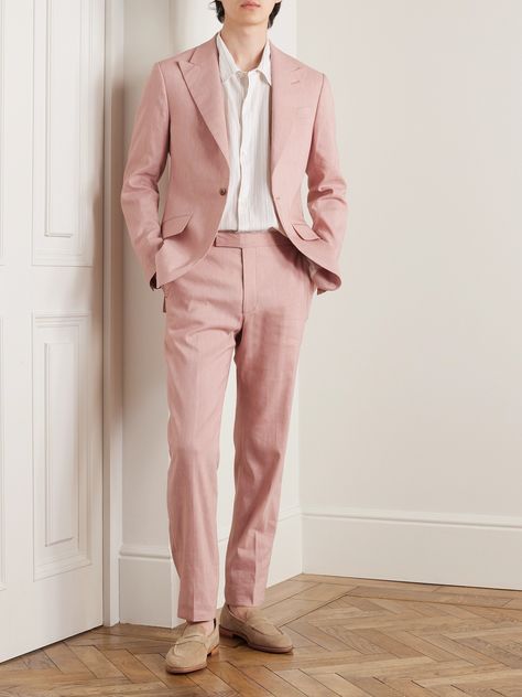 Find RICHARD JAMES Straight-leg Linen-blend Suit Trousers Uk/us 30 on Editorialist. Founded on Savile Row in 1992, Richard James is renowned for its colourful suiting. These straight-leg trousers are tailored from a comfortable linen-blend and have side adjusters, so they feel nice and streamlined. Style yours with the matching jacket. Pink Suit Groomsmen, Pink Suits For Men, Men Pink Outfit, Pink Outfit Men, Light Pink Suit, Pink Suit Men, Cocktail Attire Men, Richard James, Flannel Suit