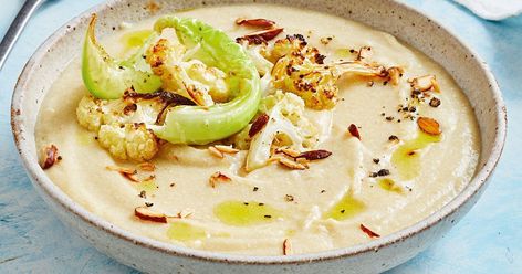 Creamy cauliflower and miso soup Miso Cauliflower, Risoni Salad, Soup And Stew Recipes, Cauliflower Leaves, Best Soups, Miso Soup Recipe, Grilled Prawns, Creamy Cauliflower, Toast Toppings