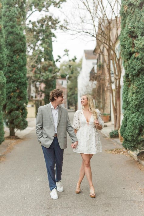 A downtown Charleston engagement session with a young, fun, outgoing couple, with an exceptional fashion style! Charleston Couples Photography, Charleston Photoshoot, Charleston Engagement Pictures, Engagement Proposal Photos, Engaged Pictures, Charleston Engagement Photos, City Engagement Photos, Engagement Shots, Summer Engagement Session