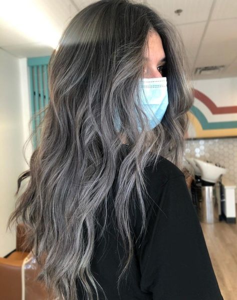 Smoky Black Hair, Platinum Gray Highlights, Smoky Hair Color Brown, Ash Grey Highlights On Black Hair, Dark Brown Hair With Grey Highlights, Dark Gray Highlights, Dark Hair With Grey Highlights, Brown Hair With Gray Highlights, Smoky Grey Hair