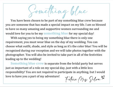 I am OBSESSED with this trend. Such a special way to include people outside of the bridal party. Card designed by @ did_it_herself on Instagram Bridal Party Info Card, Something Blue Crew Wedding, Bridal Party Alternatives, No Bridal Party Wedding Ideas, Blue Crew Wedding Proposal, Wedding With No Bridal Party, Blue Crew Wedding, Bridal Party Quotes, No Bridal Party Wedding