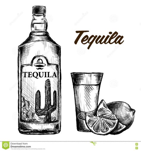 Bottle Of Tequila With Lime And Glass. Painted By Hand Stock Vector - Illustration of cocktail, object: 81674941 Layers Illustration, Bottle Of Tequila, Espolon Tequila, Wine Tattoo, Think Tattoo, Tequila Bottle, Cocktail Illustration, Bottle Drawing, Bottle Tattoo