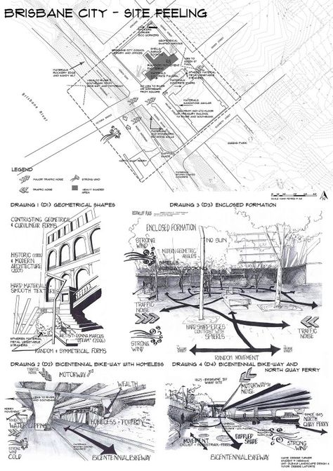 Site Analysis 1of4 Brisbane CBD Hand drawn by Debbie Turner Site Analysis Architecture, Architecture Site Plan, Presentation Board Design, Urban Analysis, Urban Design Graphics, Presentation Boards, Conceptual Drawing, Geometric Architecture, Site Analysis