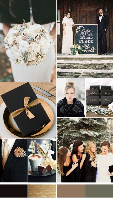 black and gold winter wedding color ideas 2016 Wedding Colora, Wedding Decorations Black, Winter Wedding Black, Winter Wedding Theme, Winter Wedding Color Ideas, Gold Winter Wedding, Elegant Wedding Themes, Black And Gold Wedding, Winter Gold