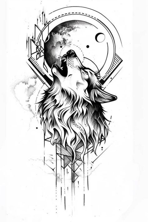 Wolf Tattoo Geometric Design, Wolf And Moon Tattoo Design, Wolf Full Moon Tattoo, Wolf Spirit Animal Tattoo, Horse And Wolf Tattoo, Geometric Wolf Tattoo Men, Wolf With Moon Tattoo, Wolf Moon Tattoo Design, Wolf Tattoo Design Men Arm