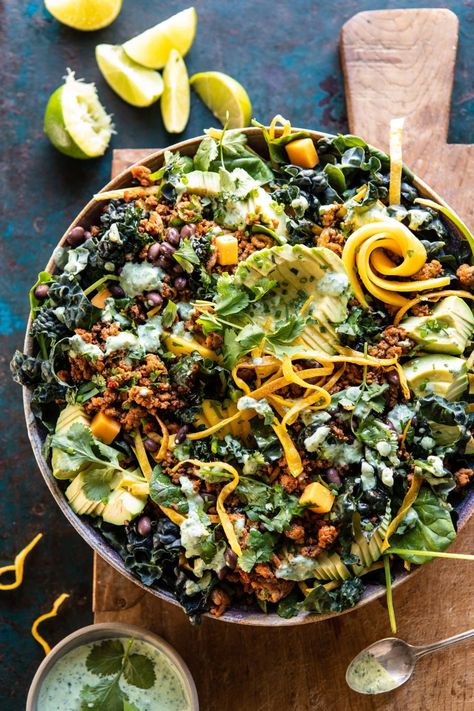 Spicy Turkey Taco Salad with Baja Dressing | halfbakedharvest.com #tacos #salad #avocado #healthyrecipes #mexican #easyrecipes Half Baked Harvest Turkey, Everyday Salad, Salad Taco, Salad Macaroni, Turkey Taco Salad, Taco Salat, Spicy Turkey, Half Baked Harvest Recipes, Salad Kale