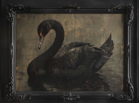 Black Swan Art, Cottagecore Animals, Victorian Wall Decor, Decor Dark Academia, Dark Academia Cottagecore, Swan Art, Swan Bird, Swans Art, Oil Painting Frames