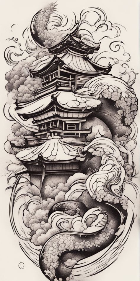 Tattoo Japon, Japon Tattoo, Japanese Temple Tattoo, Blackwork Tattoo Design, Koi Dragon Tattoo, Samurai Tattoo Sleeve, Japanese Back Tattoo, Temple Tattoo, Japanese Tattoo Symbols