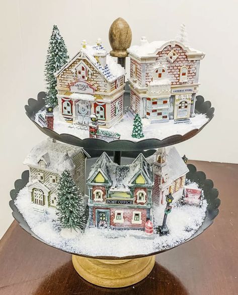 Dollar Tree Christmas Village, Village Tree, Christmas Signs Diy, Dollar Tree Christmas Decor, Dollar Store Christmas Crafts, Diy Christmas Village, Flocked Christmas Trees Decorated, Christmas Village Houses, Christmas Village Display