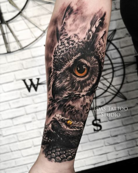 By Edas Tattoo Studio Milton Keynes Owl Snake Tattoo, Owl And Snake Tattoo, 2024 Workout, Leopard Tattoos, Creepy Tattoos, Owl Tattoo, Snake Tattoo, Milton Keynes, Birds Tattoo