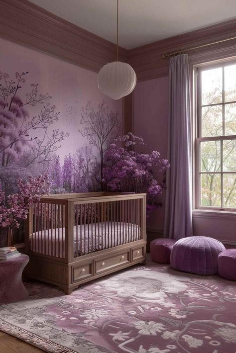 50 Simply Adorable Baby Girl Nursery Ideas You’ll Love! Purple And Pink Nursery, Purple Baby Nursery, Purple Baby Rooms, Lavender Nursery Girl, Rapunzel Theme, Nursery Purple, Baby Girl Nursery Ideas, Purple Nursery Girl