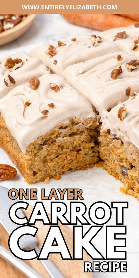 Family-approved, one layer carrot cake recipe with great texture from shredded carrots and toasted pecans. Swap the pecans for walnuts or add raisins to suit your carrot cake preferences. Carrot Cake With Raisins Recipes, Carrot Cake Recipe With Raisins, Easy One Layer Cake, Layer Carrot Cake, Low Fat Brownies, Easy Carrot Cake Recipe, One Layer Cake, Banana Carrot Muffins, Carrot Cake Recipe Easy