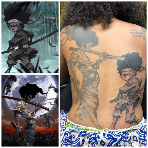 Black Cartoon Characters Tattoos, Anime Tattoos On Dark Skin, Afro Samurai Tattoo Design, Afro Samurai Tattoo, Black Power Tattoo, Boondocks Tattoo, Kingdom Tattoo, Stencil Tattoos, Skin Doodles