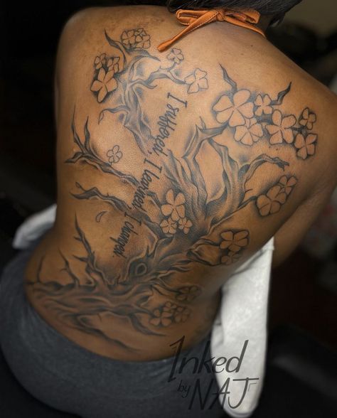 Medium Sized Back Tattoos, Down The Back Tattoos For Women, Tree Back Tattoo Women, Black Women Back Tattoos, Back Tattoos Black Women, Half Back Tattoos Women, Behind The Ear Tattoo Ideas Unique, Whole Back Tattoo Women, Back Tattoo Black Women