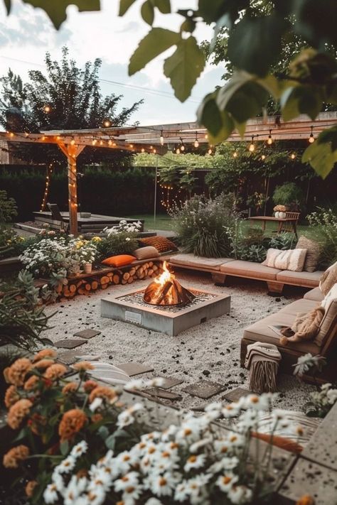 Bonfire Place Garden, Outdoor Seating Fire Pit, Campground Fire Pit Ideas, Outdoor Seating With Fire Pit, Community Fire Pit, Fire Pit Party Ideas Backyard, Landscaping Around Fire Pit Area, Inground Fire Pit Ideas Backyard, Fire Pit Sloped Backyard