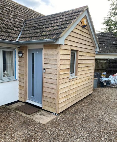 Porch Transformation Using Featheredge Oak Cladding | UK Timber Projects Gallery Bungalow Porch Ideas, Uk Bungalow, Porch Transformation, Bungalow Porch, First House Ideas, Types Of Cladding, Oak Cladding, Timber Projects, Front Door Canopy