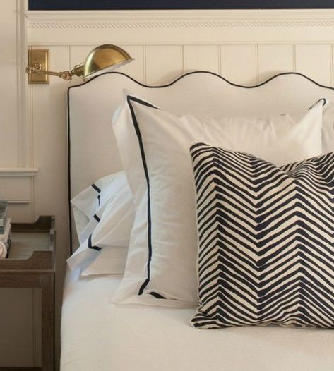 White headboard with navy contrast piping Headboard With Contrast Piping, Wave Headboard, Pipe Headboard, La Living, Dream Bedrooms, Kids Room Interior Design, Oyster White, Bed Rest, White Headboard