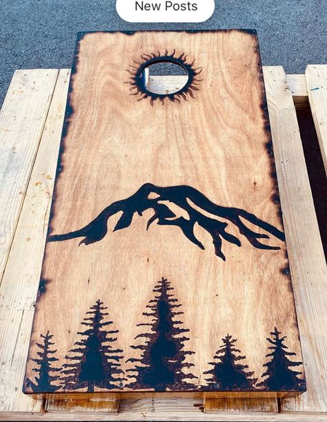 Cornhole Mountain Designs, Cornhole Boards Designs Mountains, Corn Hole Boards Designs Ideas Cricut, Mountain Cornhole Boards, Corn Hole Paint Ideas, Cool Cornhole Boards, Corn Hole Board Ideas, Cricut Cornhole Boards, Corn Hole Designs