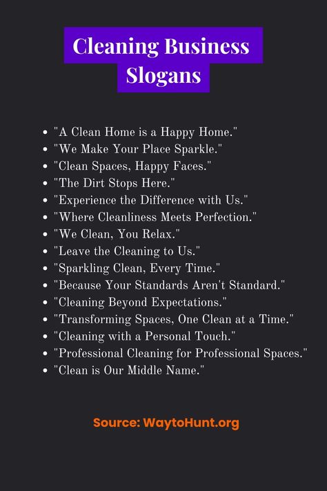 Need the perfect slogan to elevate your cleaning business? Check out our list of top Cleaning Business Slogans! 🧼✨ Save this pin and follow us for more business tips and the latest updates! 🧽🌟 #CleaningBusiness #BusinessSlogans #MarketingTips #Branding #EntrepreneurLife Business Slogans, Business Check, Cleaning Business, Business Checks, Latest Updates, Business Tips, Marketing Tips, Follow Us, Branding