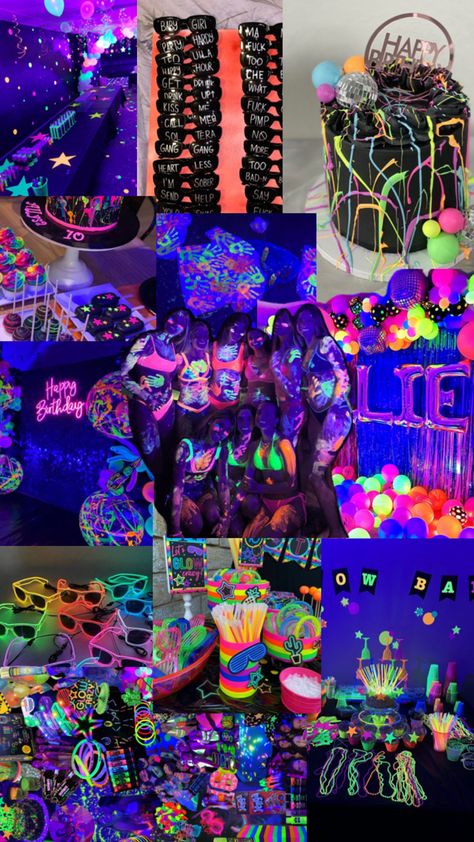 Neon Party Foods, Glow Birthday Party Ideas, Bday Collage, Neon Sweet 16, Sweet 16 Party Themes, 14th Birthday Party Ideas, Birthday Sleepover Ideas, 18th Birthday Party Themes, Glow In Dark Party