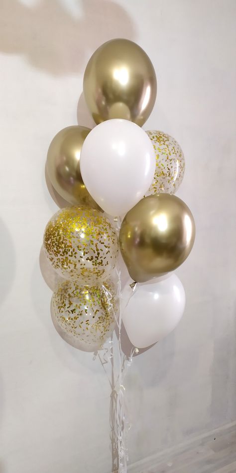 White And Golden Balloon Decoration, Golden Birthday Balloons, Golden Balloon Arch, White And Gold Bday Decor, Gold Balloon Bouquet, Gold Glitter Balloons, 21 Birthday Party Decorations, Golden Balloons, Prom Gold