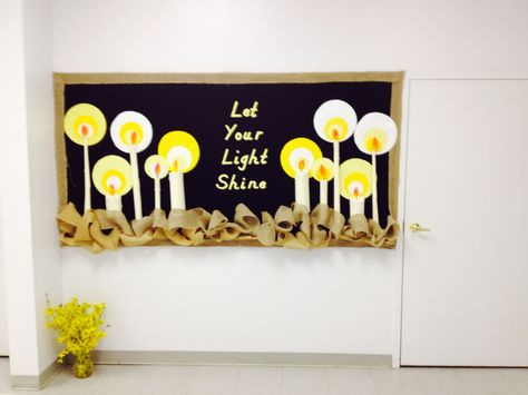 Let you light shine bulletin board Be A Light Bulletin Board, Time To Shine Bulletin Board Ideas, Shine Bulletin Board Ideas, Light Up The World With Kindness Bulletin Board, Let Your Light Shine Bulletin Board, Bulletin Boards School, World Bulletin Board, Catholic Bulletin Boards, Christmas Hallway