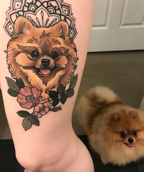 Great tattoo for the leg. Pomeranian Tattoo, Tattoo Pet, Small Dog Tattoos, Happiness Tattoo, Pomeranian Lovers, Paw Tattoo, Happy Stuff, Leg Tattoo Men, Memorial Tattoo