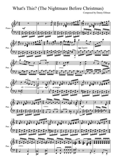 What's This? (The Nightmare Before Christmas)- Piano Accompaniment Nightmare Before Christmas Flute Sheet Music, Halloween Piano, Free Printable Sheet Music, Sheet Music Crafts, Christmas Piano, Danny Elfman, Piano Practice, Christmas Sheet Music, Flute Sheet Music