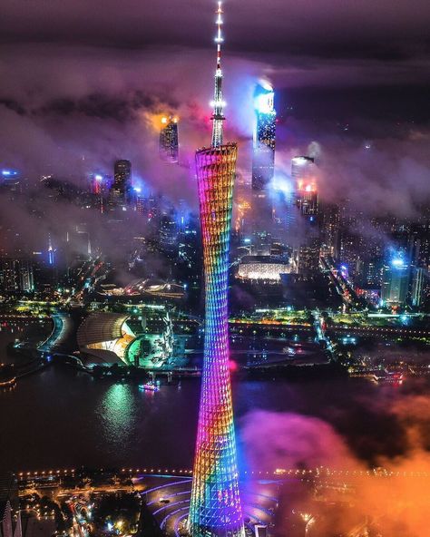 Rainbow at night 🌈🌃 Canton Tower in Guangzhou, #广州 China 🇨🇳 . . .… Cyberpunk Photography, Canton Tower, China City, Unique Buildings, Guangzhou China, China Travel, Asia Travel, City Life, Guangzhou