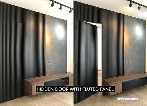 Wood Cladding Interior Feature Walls, Hidden Door Ideas, Hidden Doors In Walls, Living Room Decor Tv, Tv Wall Panel, Tv Feature Wall, Fluted Panel, Feature Wall Design, Room 2023