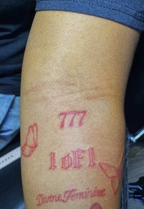 777 Tattoo Red, 777 Tattoo Meaning, 777 Tattoo, Red Ink Tattoo, Tiny Tattoos For Women, Tattoo Red, Mystical Tattoos, Hidden Tattoos, Hand And Finger Tattoos