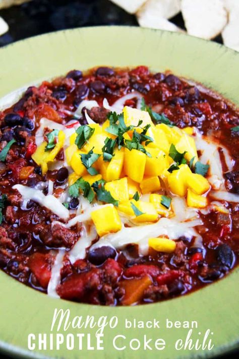 Mango Black Bean Chili - Carlsbad Cravings Black Bean Chipotle, Halloween Chili, Mango Chili, Indulgent Recipes, Mexican Entrees, Apple Crisps, Slow Cooker Chicken Chili, Chili Mango, Black Bean Chili