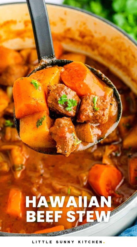 Polynesian Beef Recipes, Hawaiian Beef Curry Stew Recipe, Beef Stew Hawaiian Style Recipe, Beef Stew Hawaiian Style, Hawaiian Beef Stew Instant Pot, Stew Meat Summer Recipes, Hawaiian Curry Stew, Summer Beef Stew Meat Recipes, Hawaiian Beef Stew Crockpot