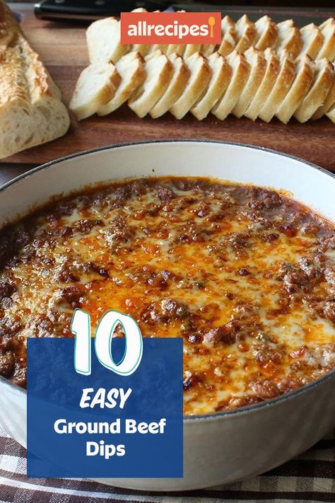 Looking for appetizer recipes? Try cooking the best ground beef dips. From taco dip to seven layer dip, these quick and easy cheese dip recipes are the best appetizer, snack, football food, and party food ideas. Easy Potluck Dip Recipes, Dips With Meat In It, Football Food With Ground Beef, Appetizer Using Ground Beef, Hot Dip With Ground Beef, Keto Ground Beef Dip Recipes, Dip Recipes With Ground Beef, Ground Beef Dip Cream Cheese, Best Quick Appetizers