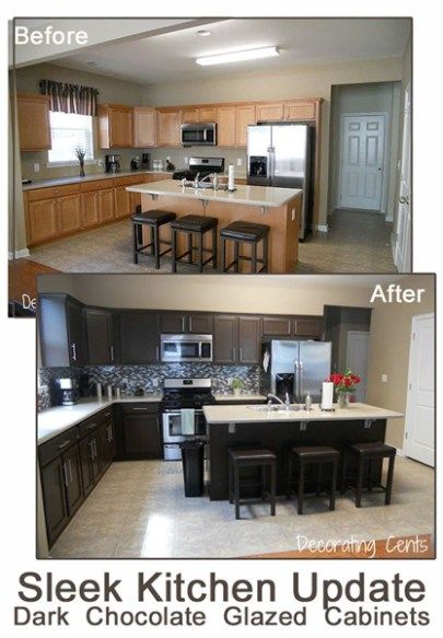 before-and-after-chocolate-brown-kitchen-rustoleum-kit-copy Kitchen Renovation Diy Ideas, Best Smart Home, Kitchen Diy Makeover, Makeover Before And After, Diy Kitchen Renovation, Kitchen Glass, Sleek Kitchen, Brown Kitchens, New Kitchen Cabinets