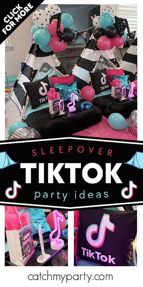 Check out this fun TikTok Sleepover! The party decorations are awesome! See more party ideas and share yours at CatchMyParty.com Sleepover Ideas Tiktok, Tiktok Sleepover Ideas, Tiktok Bday Party Ideas, Tik Tok Sleepover Party, Tik Tok Parties, Party Party Party Tik Tok Dance, Birthday Drinks, Sleepover Birthday Parties, Girls Birthday Party Themes