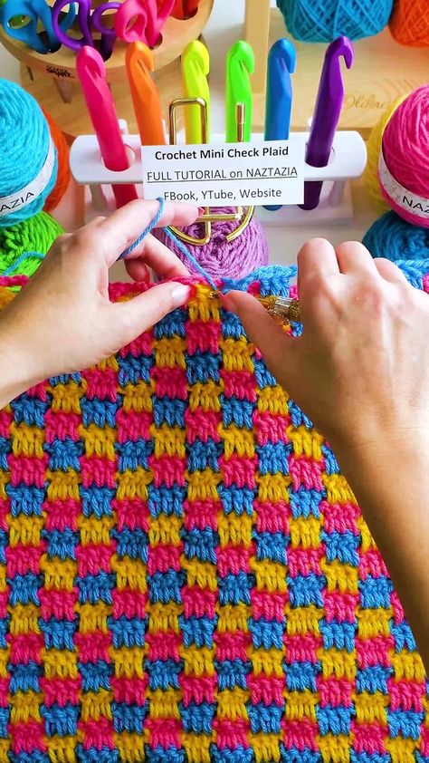 The crochet mini check plaid is one of my favorite stitch patterns for making a baby blanket, and especially clothing items. It's fast and easy to make with just double crochet stitches. #reels #crochet #knitting #artist #yarn #colorful #howto #tutorial #ganchillo #pattern #naztazia | Naztazia | Naztazia · Original audio Crochet Edging Patterns, Double Crochet Stitch, Blanket Designs, Crochet Edging, Crochet Knitting, Crochet Techniques, Knitted Blankets, Double Crochet, Plaid Pattern