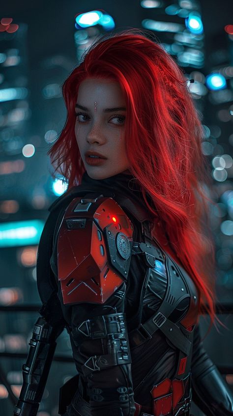 Futuristic Red Warrior: A fierce red-haired protagonist stands ready in futuristic armor against a neon-lit urban nightscape backdrop. #futuristic #red #warrior #female #armor #aiart #aiphoto #stockcake ⬇️ Download and 📝 Prompt 👉 https://ayr.app/l/s8rW Techno Blade, Warrior Female, Red Warrior, Broken Pencil, Warrior Images, Sci Fi Girl, Futuristic Armor, Female Armor, Red Army