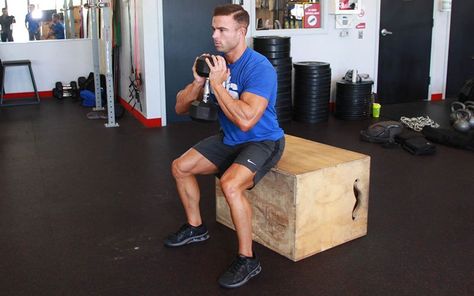 Dumbbell Goblet Box Squat: Video Exercise Guide & Tips Squats Dumbbell, Dumbell Squats, Box Squats, Squat Variations, Goblet Squat, Back Squats, Exercise Routines, Bodybuilding Supplements, Fitness Gear