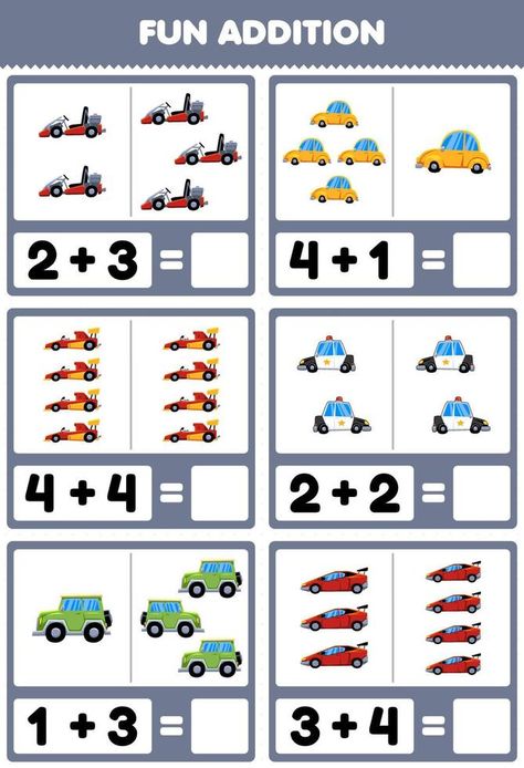 Education game for children fun addition by counting and sum cute cartoon land transportation pictures worksheet Subtraction Preschool, Transportation Pictures, Transportation Worksheet, Animal Worksheets, Game For Children, Vector Character Design, Numbers For Kids, Studying Math, Learn English