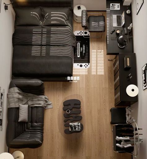 Men Hypebeast Room, Dark Bed Design, Room Ideas For Men Bedroom Black, Black Room For Men, Dark Gaming Bedroom, Decor For Mens Bedroom, Small Room Decor Men, Room Inspiration Men Bedroom Ideas, Black Men Room Ideas