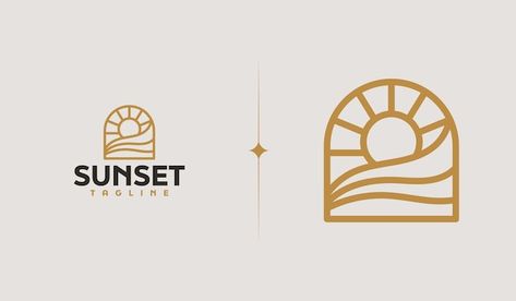 Sunset wave monoline logo template unive... | Premium Vector #Freepik #vector #vintage-beach #beach-sunset #surfing-logo #palm-beach Sunset Logo Design Ideas, Beach Hotel Logo, Sunset Branding, Beach Resort Logo, Sunset Logo Design, Beach Logos, Beach Logo Design, Sand Logo, Vacation Logo