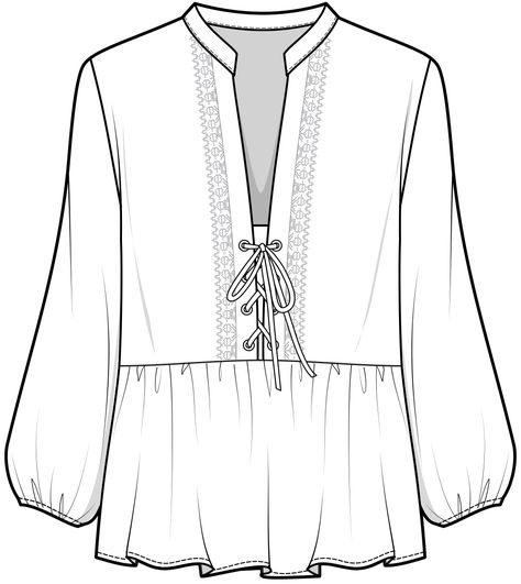 Tops Flat Sketch, Blouse Technical Drawing, Blouse Flat Sketch, Top Flat Sketch, Blouse Illustration, Blouse Sketch, Blouse Drawing, Fashion Model Drawing, Shirt Sketch