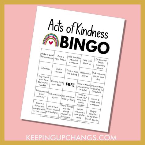 Free RANDOM ACTS OF KINDNESS BINGO challenge printable. Develop global citizens in school or home by teaching kids to pay it forward. Easy to DIY instant digital download. Kindness ideas that are easy to do with the family or in the classroom. Suitable for all ages: preschool, kindergarten, elementary, middle, high school, college, and easily adapted for adults in the workplace too. Kindness Week Activities High School, Kindness Week Activities For Adults, Random Act Of Kindness Printable, School Kindness Challenge, Kindness Week Ideas High School, Random Acts Of Kindness Ideas For Work, Random Acts Of Kindness Ideas For Kids, Random Acts Of Kindness Ideas For School, Free Acts Of Kindness