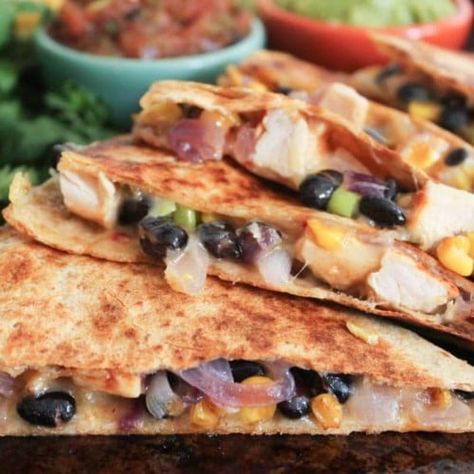 Spicy Chicken Quesadillas with Corn, Black Beans, and Caramelized Onions - Domesticate ME Pineapple Salsa Recipe, Caramelized Onions Recipe, Grilled Chicken Breast, Blackened Chicken, Pineapple Salsa, Chicken Quesadillas, Pepper Jack Cheese, Corn Recipes, Red Onions