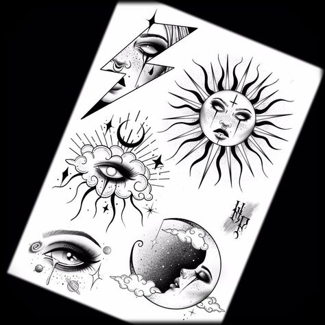 Doodle Sheet, Witchcraft Tattoos, Blackwork Tattoos, Desenho Tattoo, Halloween Tattoos, Blackwork Tattoo, Sun And Moon, Unique Tattoos, Colorful Drawings