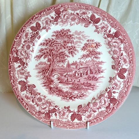 English Ironstone red transferware plate, English country scene china, charger plate, Staffordshire Ironstone pottery. From FeltersCottage.etsy.com SOLD Kitchen Expansion, English Plates Vintage, Red China Plates, Brown Transferware Plates, Antique Porcelain Plates, Rooster Statue, Red Plates, English Cottage Decor, Transferware Plate