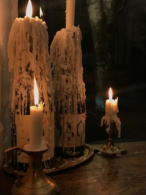 Candle Lit Hallway, Drip Candles Bottle, Candle Party Decor, Long Candles Aesthetic, Candles On Shelf, Melted Candles Aesthetic, Athena Moodboard, Cotswolds Interior, Lucifer Altar