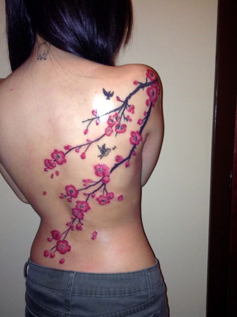 My completed cherry blossom tattoo by Joe Vegas! ❤️ Cherry Blossom Sleeve Tattoo Men, Spine Cherry Blossom Tattoos, Spine Tattoos Cherry Blossoms, Japanese Cherry Blossom Tattoo Sleeve, Cherry Blossom Tattoo On Back Shoulder, Back Tattoo Women Cherry Blossom, Cherry Blossom Back Tattoo, Back Tats Women Cherry Blossom, Big Cherry Blossom Tattoo