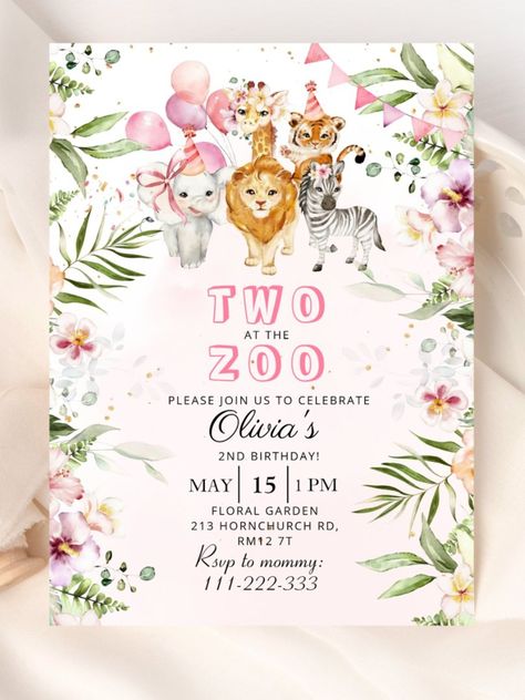 Two at the zoo safari birthday invitation Girl Safari birthday invitation. Two at the zoo birthday invitation! #safari #birthday #happybirthday #birthdaycards #birthdayparty #zoo #2ndbirthday #animal Wild One Safari Birthday, One Safari Birthday, Tropical Birthday Invitations, Safari Birthday Invitation, Birthday Ecard, Zoo Birthday Party, Safari Invitations, 2nd Birthday Party For Girl, Wild One Birthday Invitations